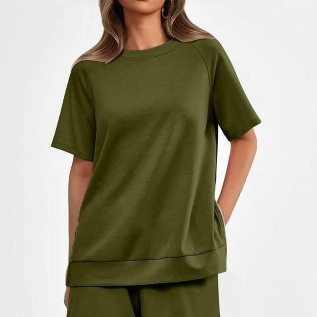 Stock Limité, Haut à Manches Courtes et Col Rond Uni pour Femmes avec Fermeture Éclair Latérale, Haut/chemise à Manches Courtes et Col Rond pour un Confort Tendance, Pièce Indispensable/polyester, Spandex, Vert, Sopatenor