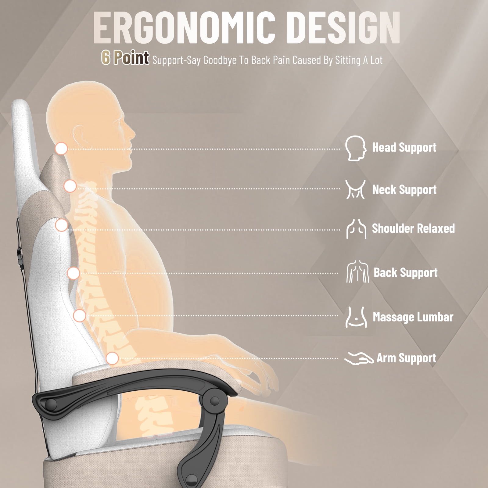 SOONTRANS Gaming Chair for Adults, Ergonomic Linen Fabric Computer Chair with Massage Lumbar Pillow, Gamer Game Chair with Adjustable Headrest, Comfortable Office Chair for Home, Beige and Coffee