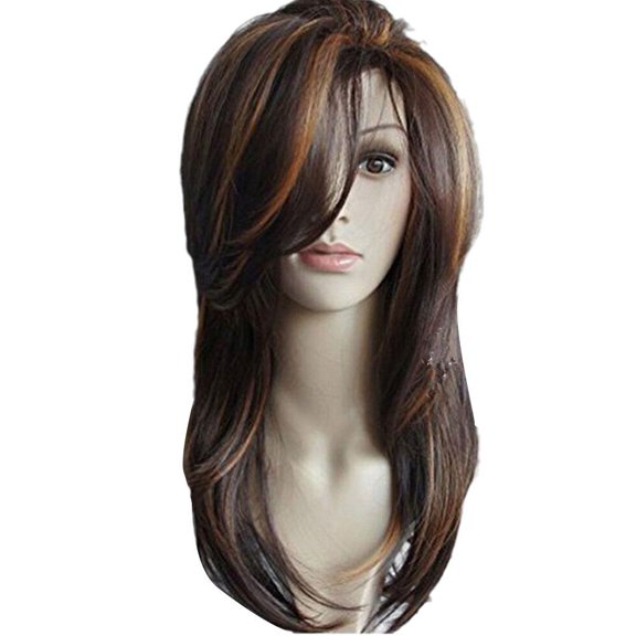 Real Hair Gorgeous Women Long Mix Brown Straight Wigs Human Hair