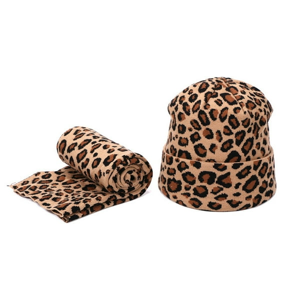 2pcs Winter Women Wool Beanie Hat Scarf Set Leopard Printing Spots Sexy Outdoor Warm Hedging Caps for Girls