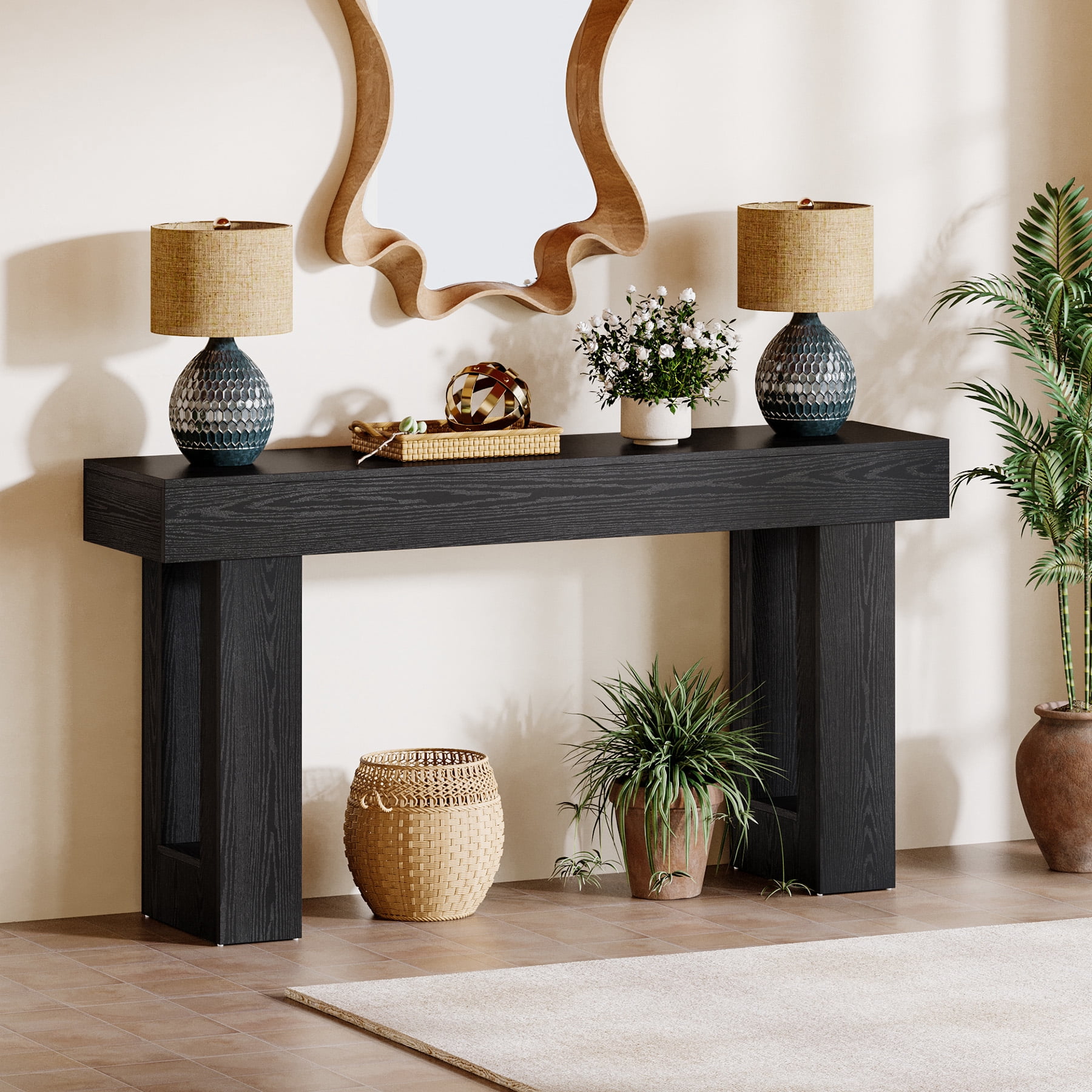 Tribesigns 63-Inch Long Console Table, Farmhouse Wooden Sofa Table Behind The Couch, Entryway Table for Entrance, Hallway, Living Room, Black