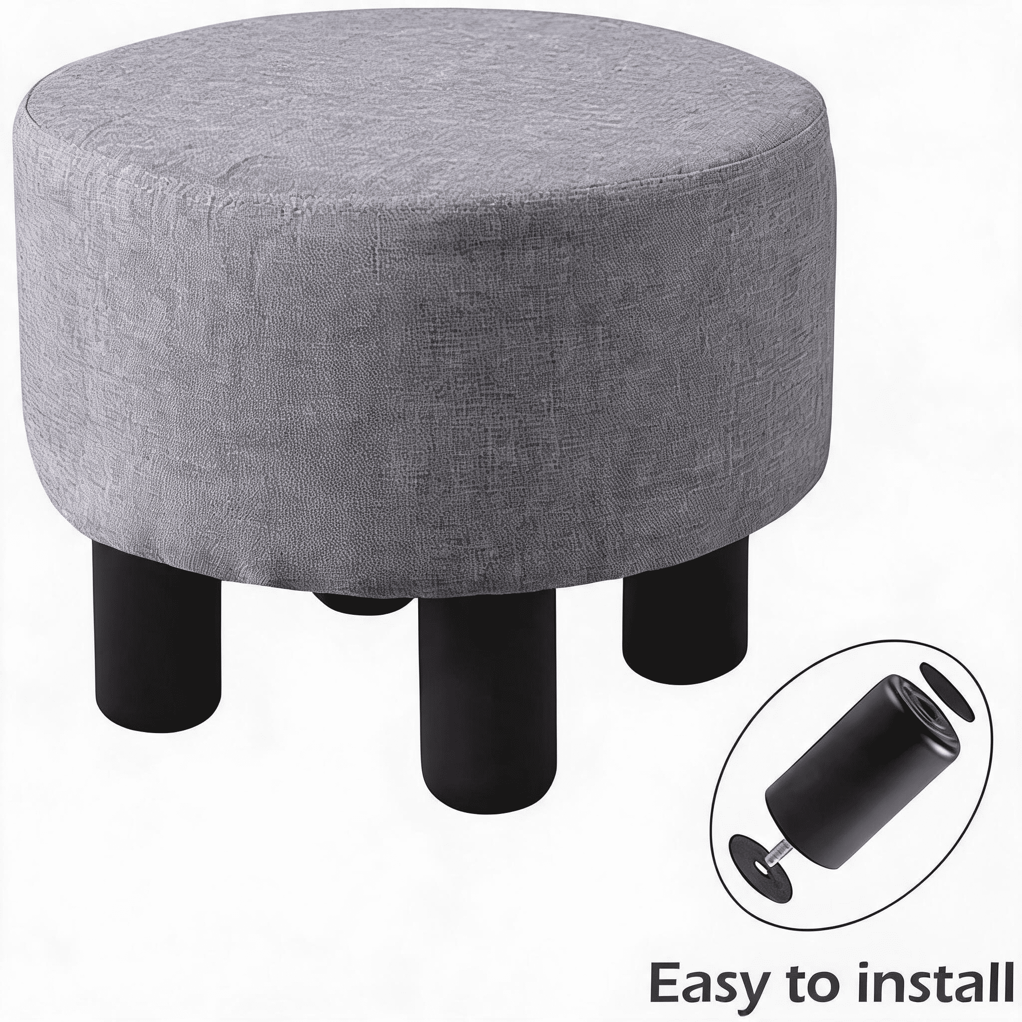 Round Linen Ottoman Foot Stool, Padded Footrest with Non-Skid Pine Legs, Soft Step Stool for Couch, Desk, Dorm, Office, Hallway Dark Grey