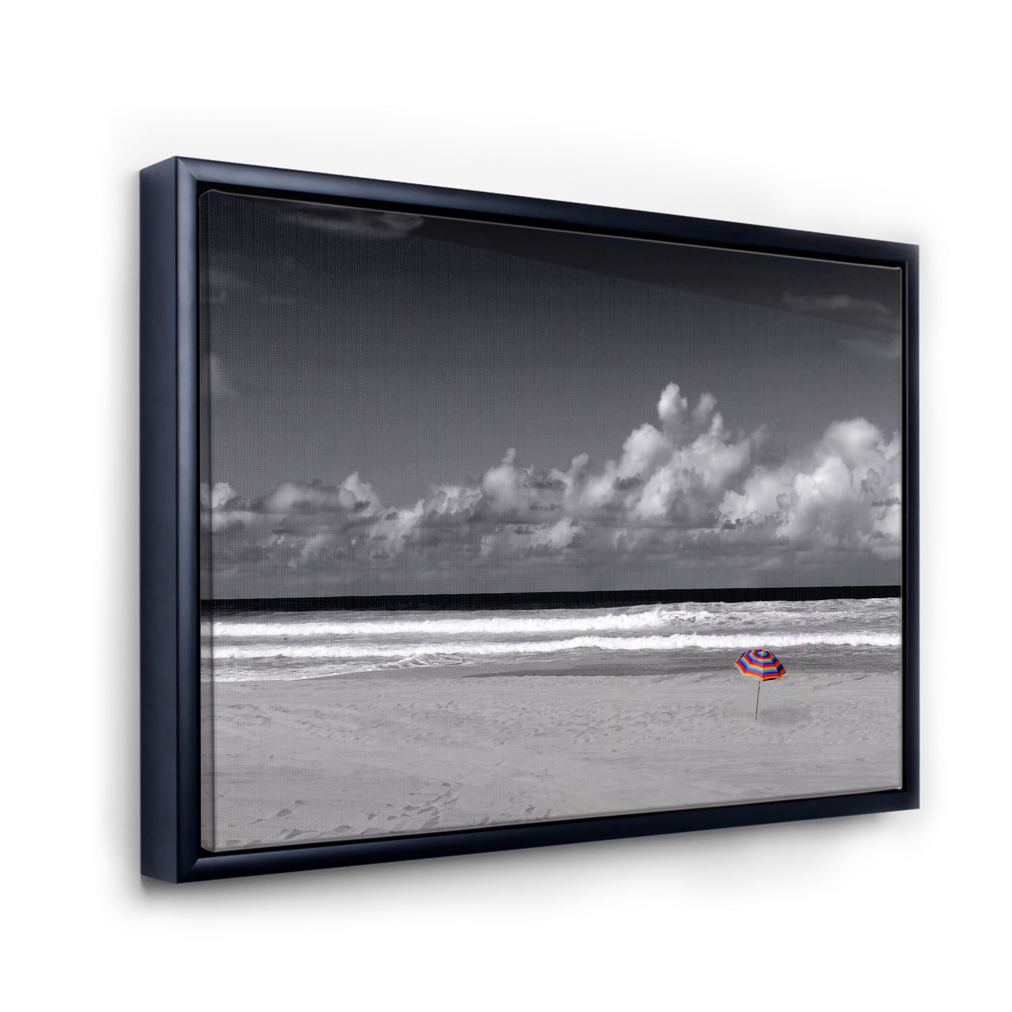 Designart 'Black and White Coastline Under Cloudy Sky' Lake House Framed Canvas Wall Art Print