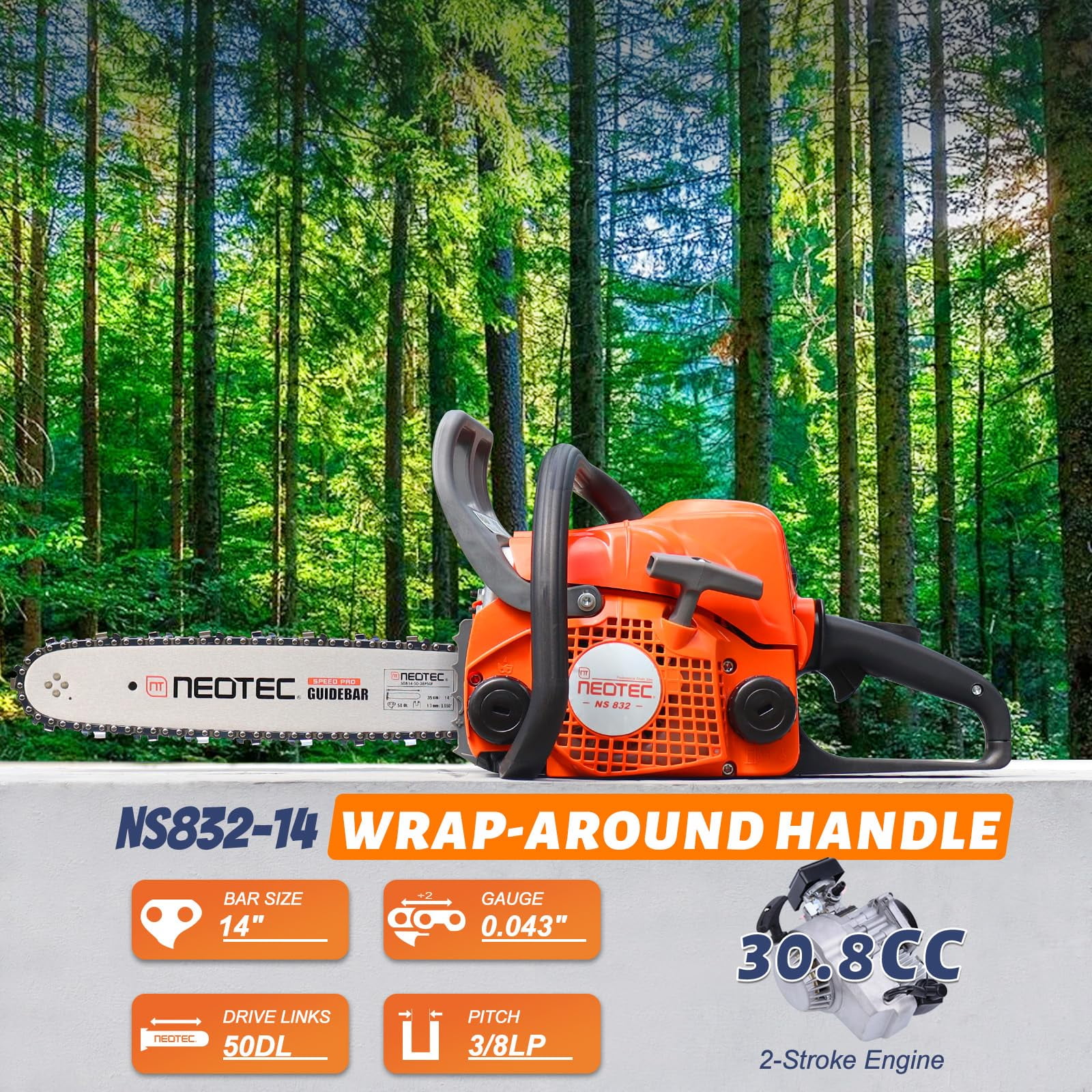 NEOTEC 31.8cc Gas Chainsaw,14 Inch Gasoline Powered Chain Saw 2-Stroke Gas Chainsaws,Durable Portable Chain Saw for Wood Cutting,Tree Pruning and Firewood Preparation NS832