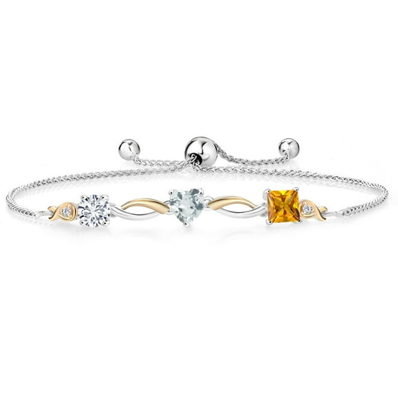 Gem Stone King 925 Silver and 10K Yellow Gold Sky Blue Aquamarine Yellow Citrine and Lab Grown Diamond Tennis Bracelet for Women By Keren Hanan (1.83 cttw, Adjustable up To 9 inch)