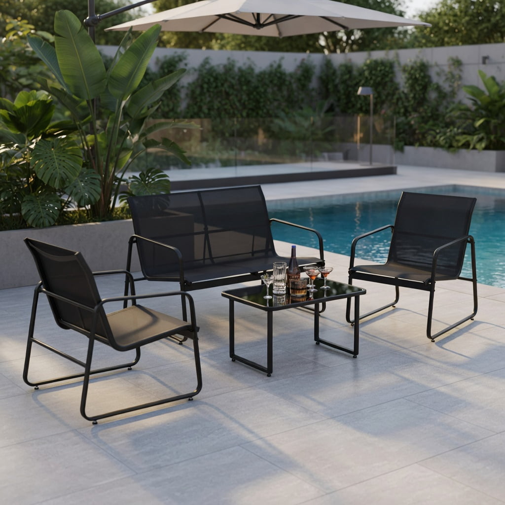 Hommoo 4-Piece Outdoor Patio Conversation Set with Tempered Glass Coffee Table, Metal Frame Loveseat & Armchairs for Backyard, Garden, or Deck, Black