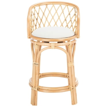 SAFAVIEH Yuta Rattan Counter Stool with Cushion, Natural/White (21.3 in. W x 20.5 in. D x 35 in. H)