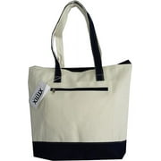 Xtitix Weekend Classic Cotton Canvas Zippered Shopping Tote Bag, White/ Navy