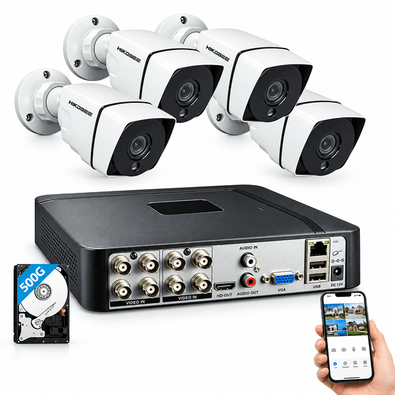 HIKJBSET H.265 Home Security Camera System, 5M-N 8CH DVR and 4x1080p Full HD Security Camera, Outdoor and Indoor Waterproof, 80ft Night Vision, 500GB Hard Drive 24/7 Recording