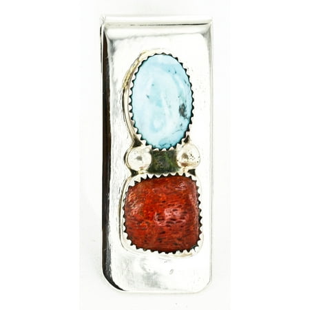 - Handmade Certified Authentic Navajo Nickel and .925 Sterling Silver Natural Turquoise Coral Native American Money Clip