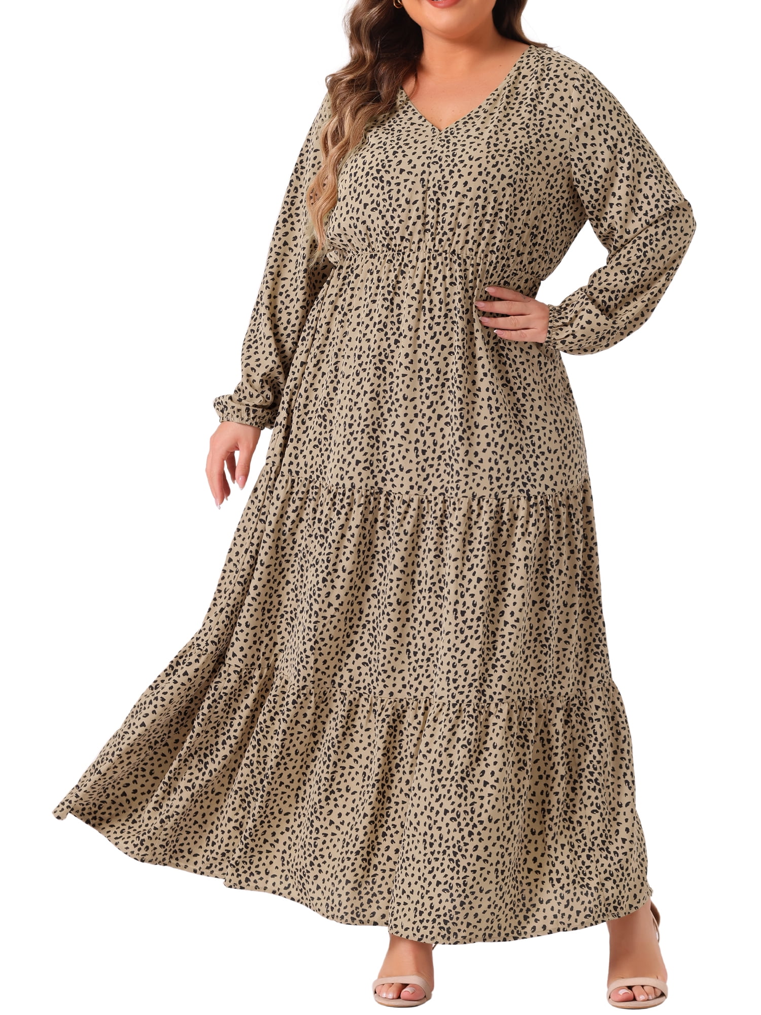 DARING DIVA Plus Size Polka Dots Long Maxi Lantern Sleeve Dress 4X Khaki