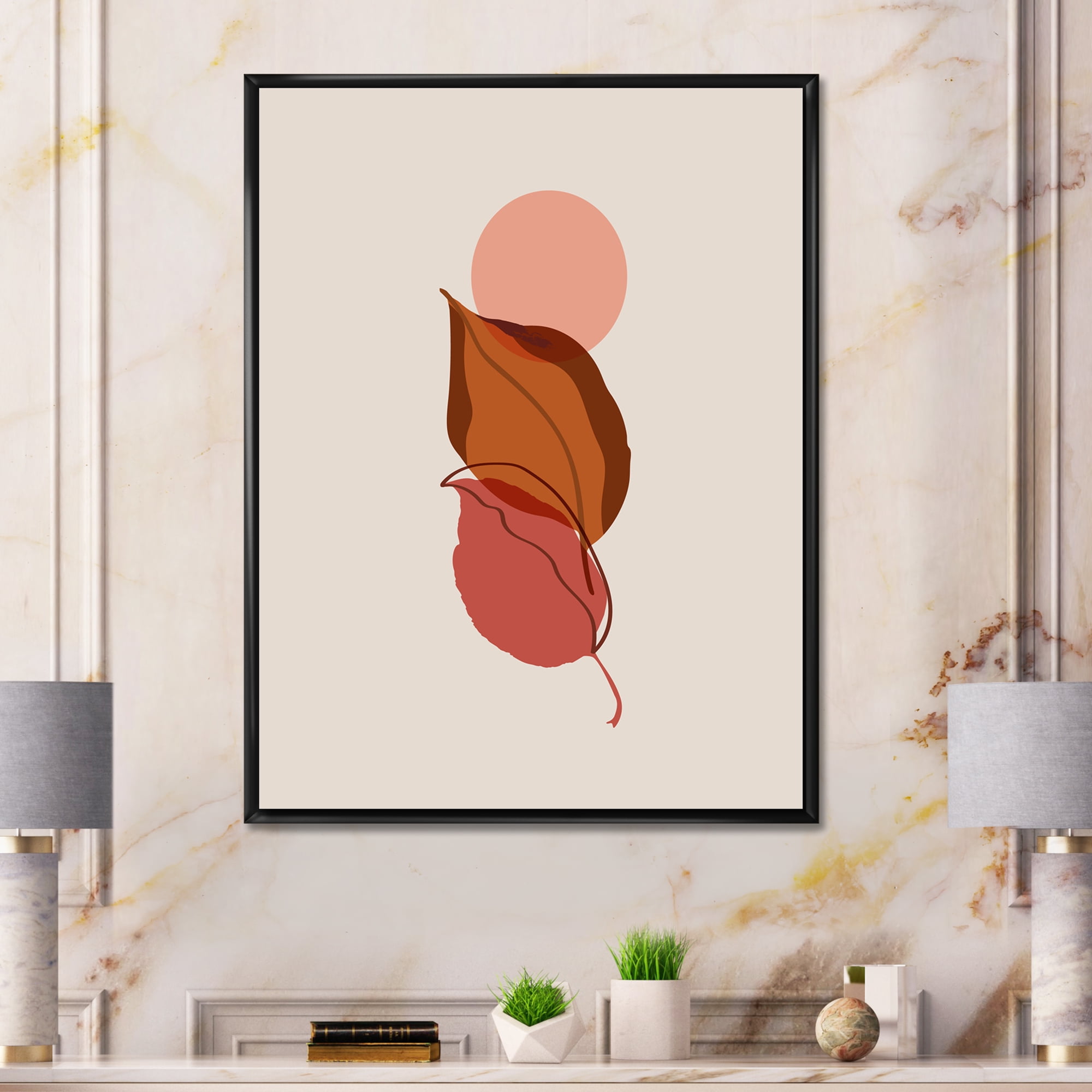 A Red Full Moon Over Two Autumn Leaves 12 in x 20 in Framed Painting Canvas Art Print, by Designart