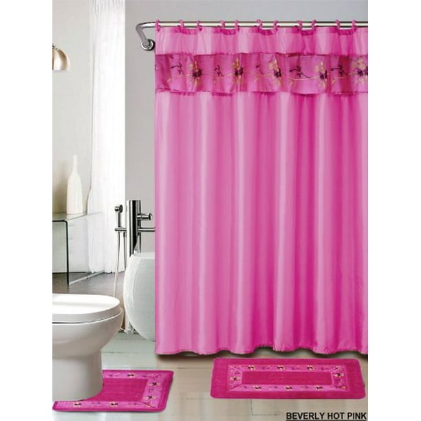 4 Piece Luxury Embroidered Bath Rug Set 3 Hot Pink Bathroom Rugs With Fabric Shower Curtain And Matching Rings Com - Hot Pink And Grey Shower Curtain