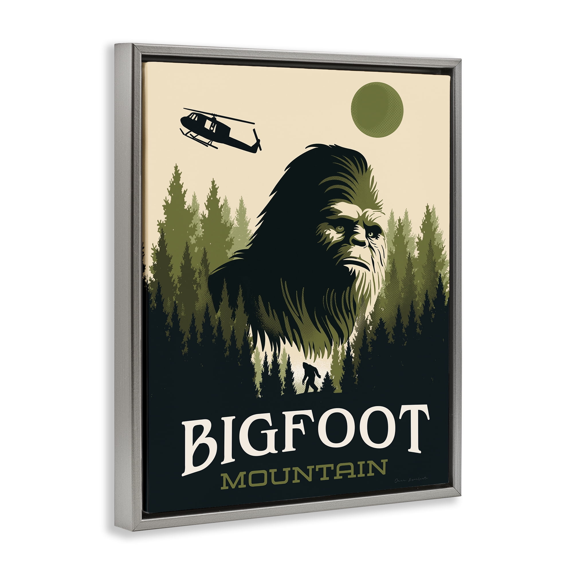 Stupell Industries Bigfoot Mountain Forest Gray Framed Floater Canvas Wall Art, design by Omar Escalante