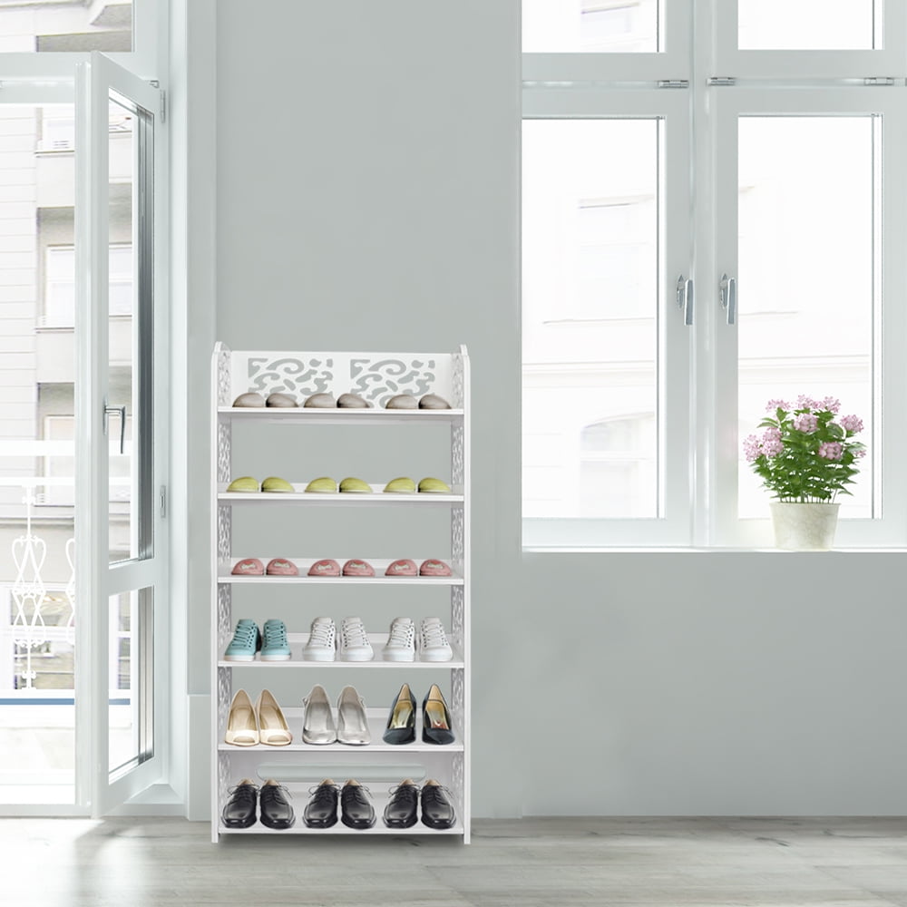 Wood-plastic Board Six Tiers Carved Shoe Rack - White - Stylish Waterproof Storage for Entryway, Living Room & Bedroom