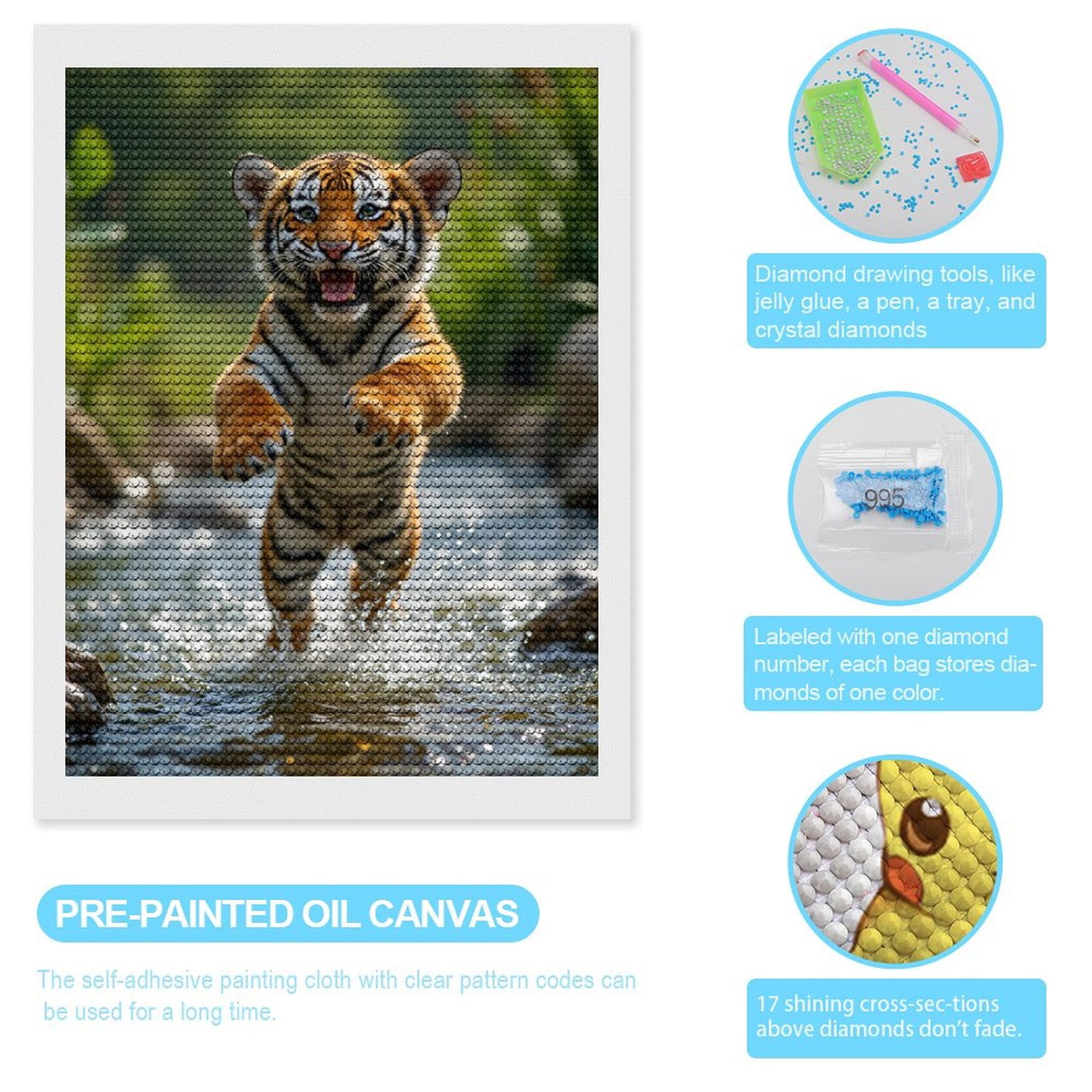 Diamond Art Kits for Adults, Playful Tiger Cub Stream Splash 5D Diamond Painting Kits for Adults Beginners, DIY Full Drill Diamond Painting, Gem Art and Crafts 12x16