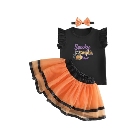 Cjfdfy Toddler Baby Girls Halloween Outfit Spooky Pumpkin Flying Sleeve Black Ruffle Top With Tulle Skirt Headband Cute Witch Cat Costume Cute Halloween Holiday Clothes
