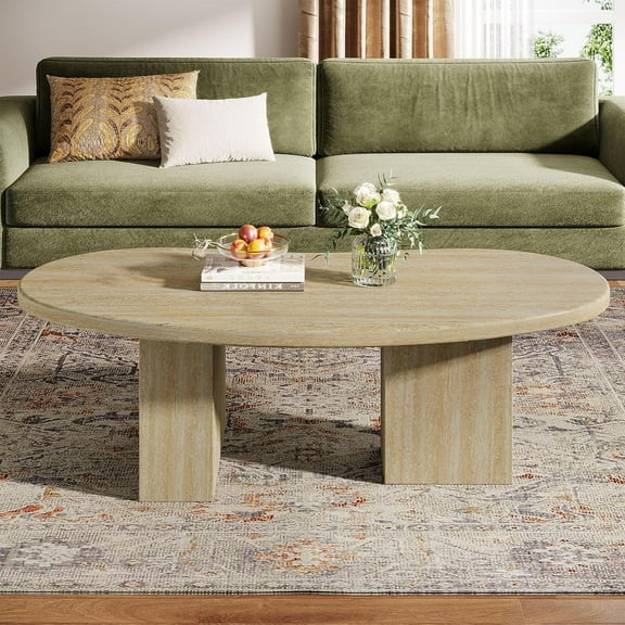 45.28-Inch Oval Coffee Table for Living Room, Large Engineered Wood Center Cocktail Table with Asymmetric Pedestal, Oak