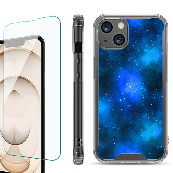 Shockproof Bumper Phone Case for iPhone 13, with Tempered Glass Screen Protector, by OneToughShield ® - Cosmos/Stars