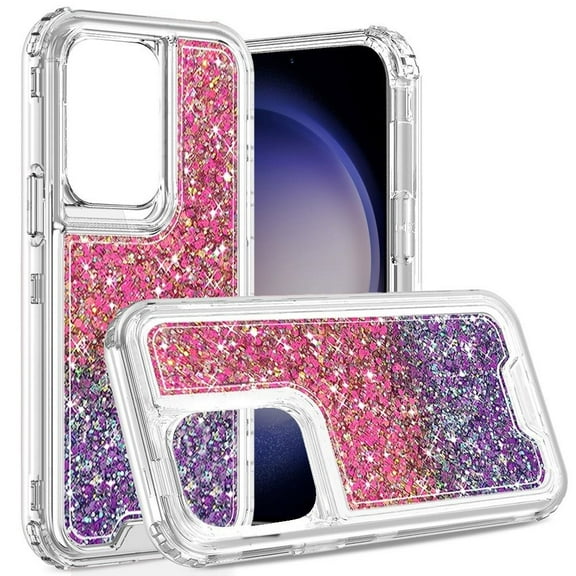 For Samsung Galaxy s24 Plus Epoxy Sticker Glitter 3in1 Shockproof Transparent Hybrid Case - Hot Pink Purple