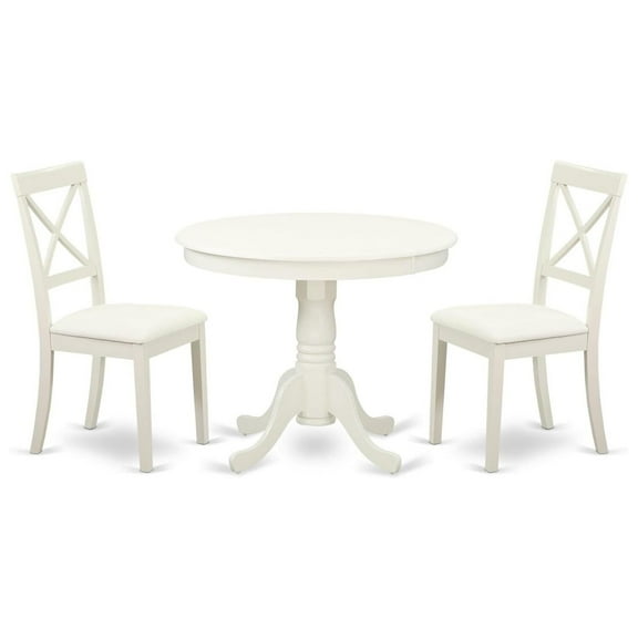 HomeStock 3 Piece Modern Dining Table Set Contains a Round Kitchen Table with Pedestal and 2 Faux Leather Kitchen Dining Chairs, 36x36 Inch,Linen White