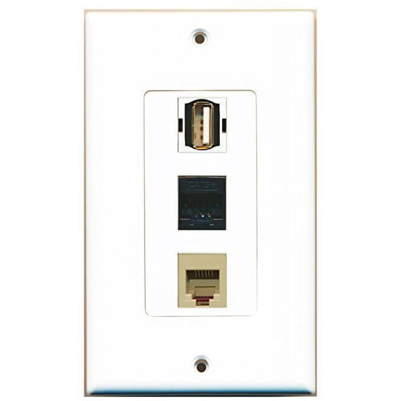 RiteAV - 1 Port USB A-A and 1 Port Phone RJ11 RJ12 Beige and 1 Port Cat5e Ethernet Black Wall Plate Decorative