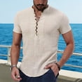 thumbnail image 2 of Camiseta de manga corta de lino y algodón con cuello en V para hombre, camisa informal holgada de negocios de gran tamaño, gran oferta, verano, S-3XL, 2023, 2 of 4