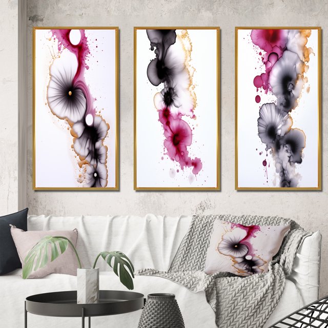 Designart "Ethereal Elegance Magenta Ink Clouds VI" Abstract Painting Framed Wall Art Set Of 3 - Gold Modern Frame Gallery Wall Set For Home Decor