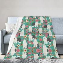 Wijzvio Old English Sheepdog Dogs Lovers Flower Floral Throw Blanket Soft Fuzzy Fleece Blanket For Couch Bed Living Room Decoration 80"X60"