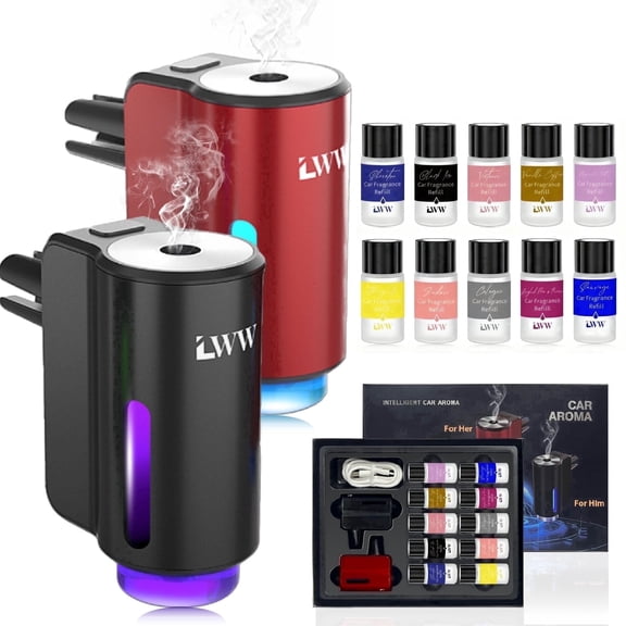 LWW Smart Car Air Freshener Vent Clip 2-Pack, Rechargeable Aroma Diffusers with Auto On/Off, 3 Spray Modes, 10 Fragrance Refills, Black/Red