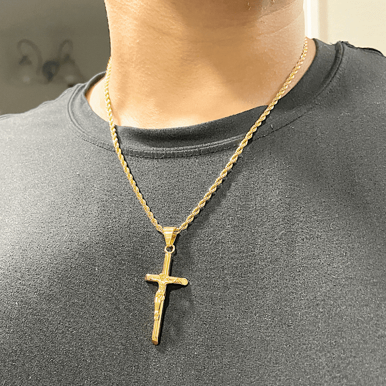 18k Yellow Gold Rope Chain Necklace with Crucifix Pendant, 3mm, 20