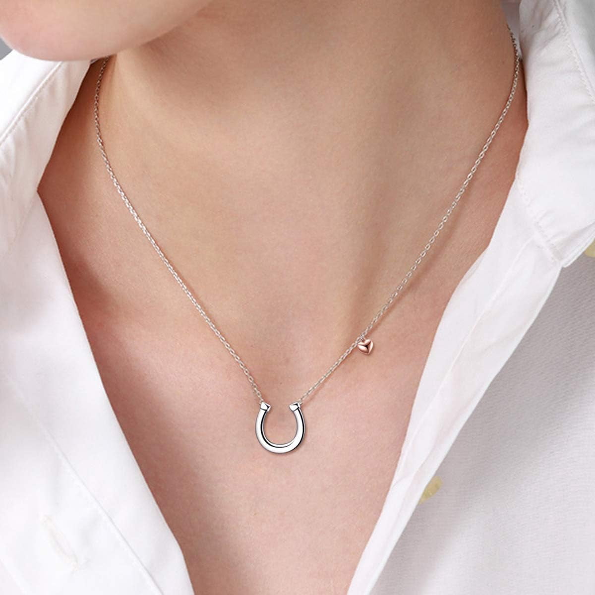 YAFEINI Horseshoe Necklace for Women 925 Sterling Silver Lucky Horse equestrian Horse shoe stirrup Jewelry Gifts “15+2'' (silver)