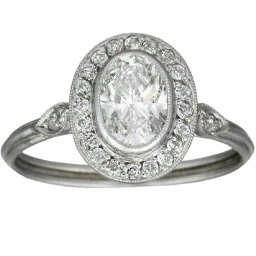 HeartsAndYou 2ct Oval Cut Moissanite Vintage Inspired Halo Engagement Ring for Women 18k White Gold over Silver