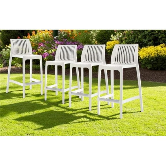 HomeRoots 565357 26 in. White Heavy Duty Plastic Low Back Outdoor Counter Height Bar Chairs - Set of 4