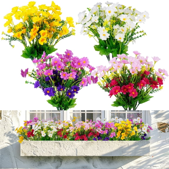 YOLETO 12 Pack Artificial Daisies for Outdoors, 7 Heads Faux Silk Daisy Flowers with Bendable Stems, UV Resistant Fake Flowers for Garden Porch Window Box Indoor Outdoor Decor