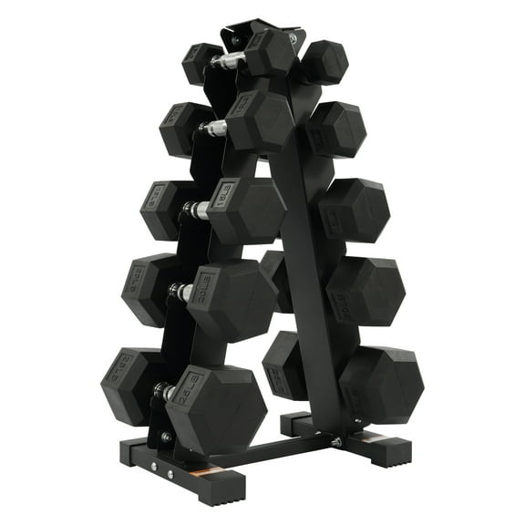 Sprint Demon 150LB Coated Hex Dumbbell Weight Set and A-Frame Storage Rack, 5-25 lbs Pairs