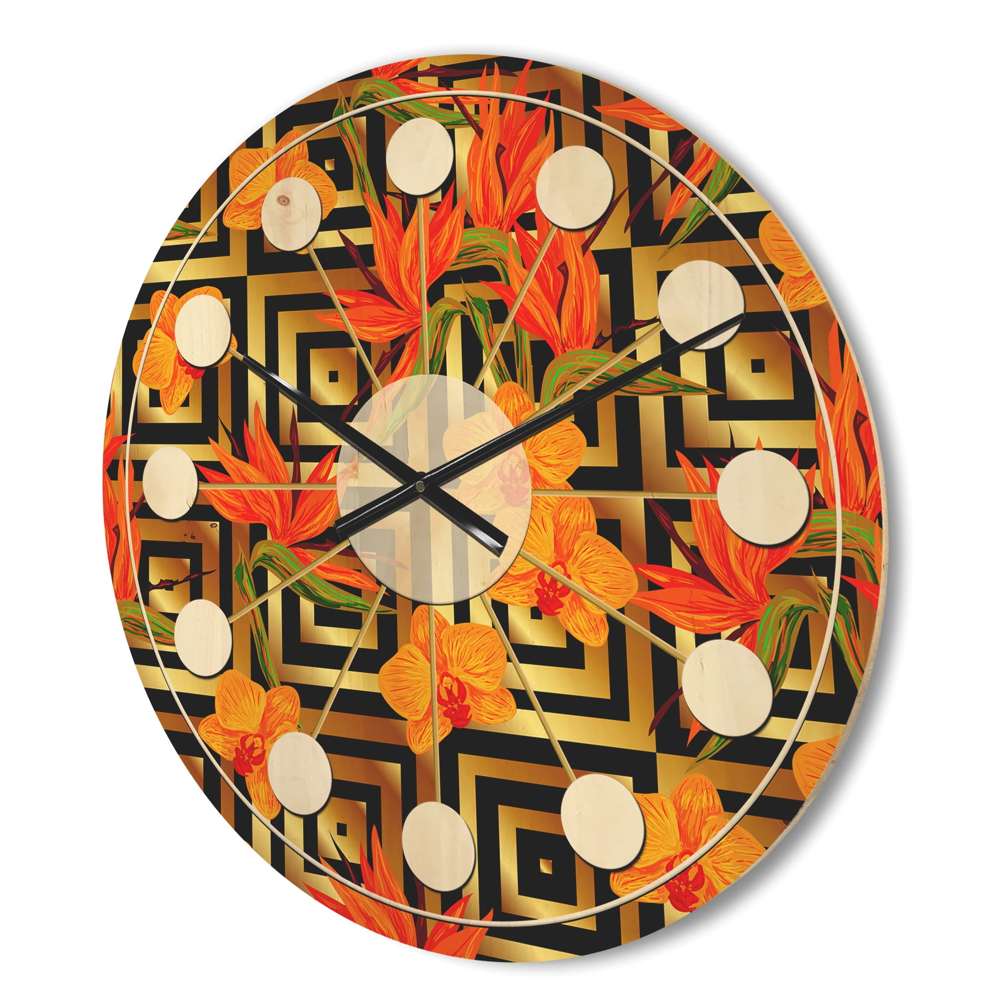 Designart 'Tropical Luxury Gold Pattern II' Mid-Century Modern Wood Wall Clock