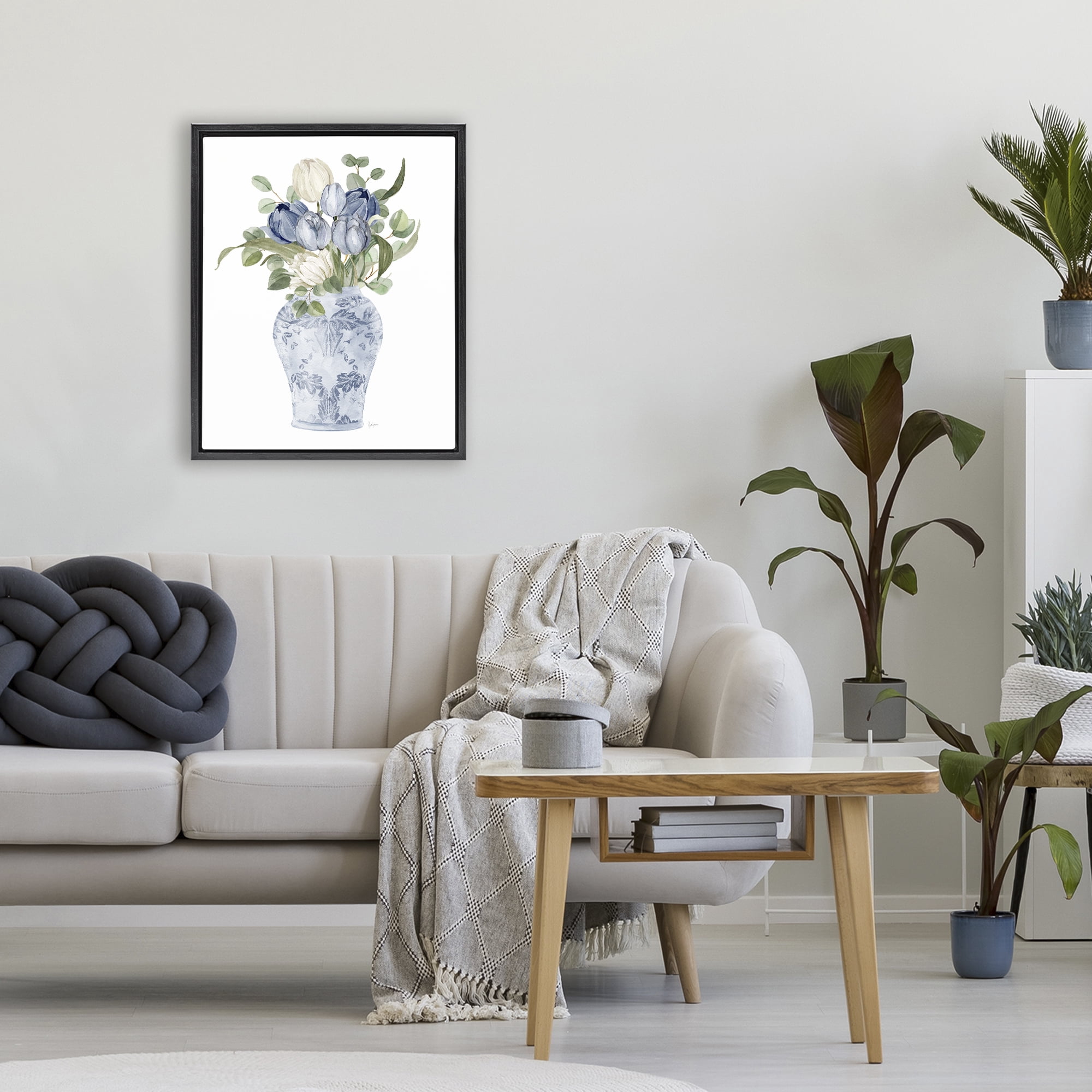Stupell Industries Tulips & Leaves Vase Black Framed Floater Canvas Wall Art, design by Livi Finn