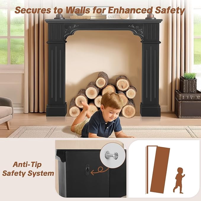 HOMEDIARY Modern Black Freestanding Fireplace Mantel Surround – Waterproof, Anti-Tipping Premium MDF Mantel with Leg for Living Room Décor