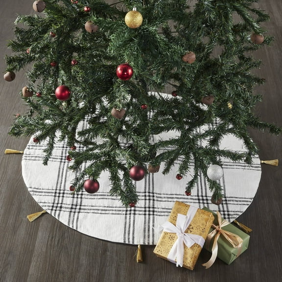 VHC Brands Christmas Decorations Holiday Rustic Farmhouse Wintergleam Black White Plaid Tree Skirt 36" Diameter