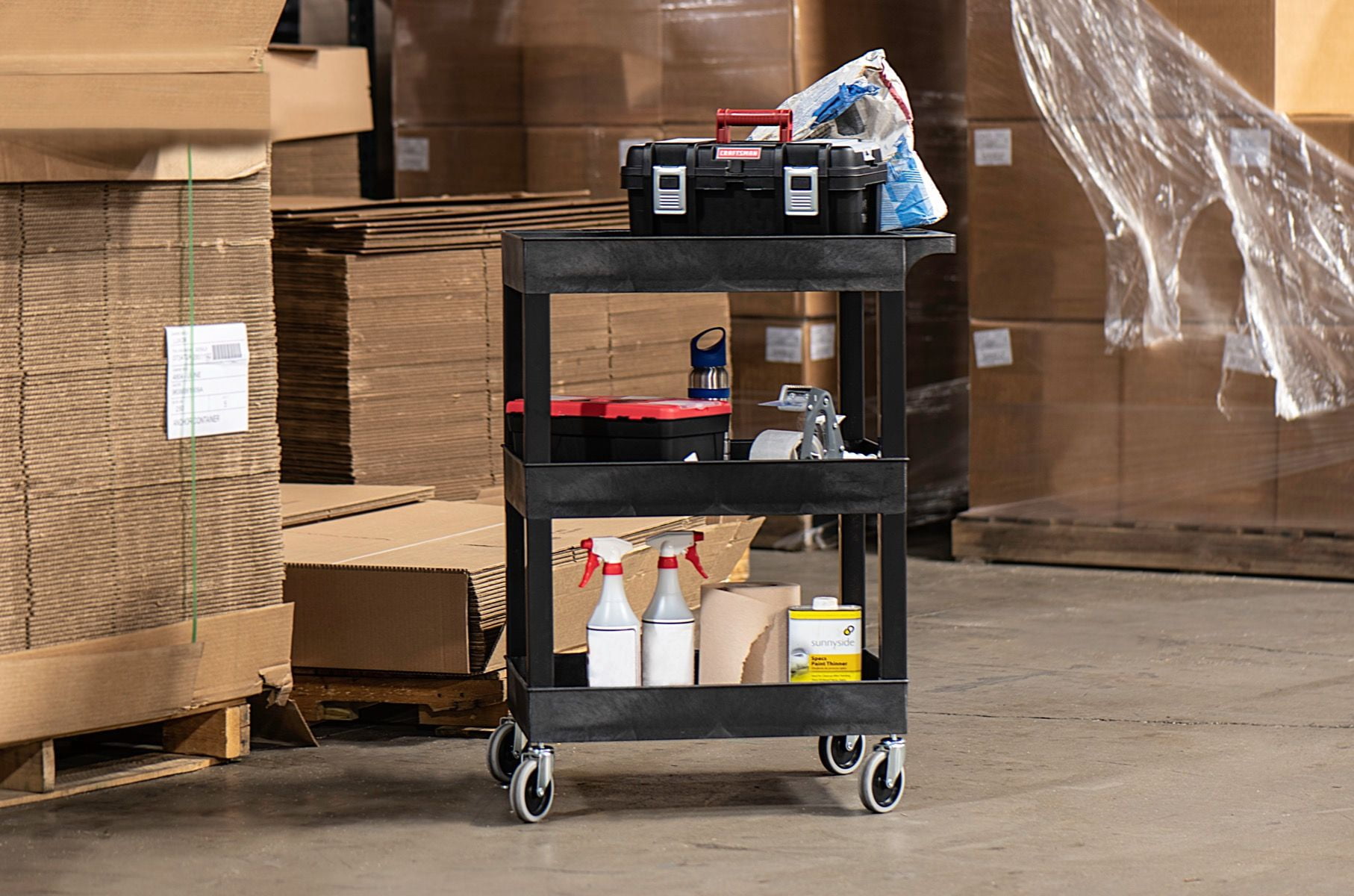 24X18 PLASTIC UTLITY TUB CART- THREE SHELF BLACK