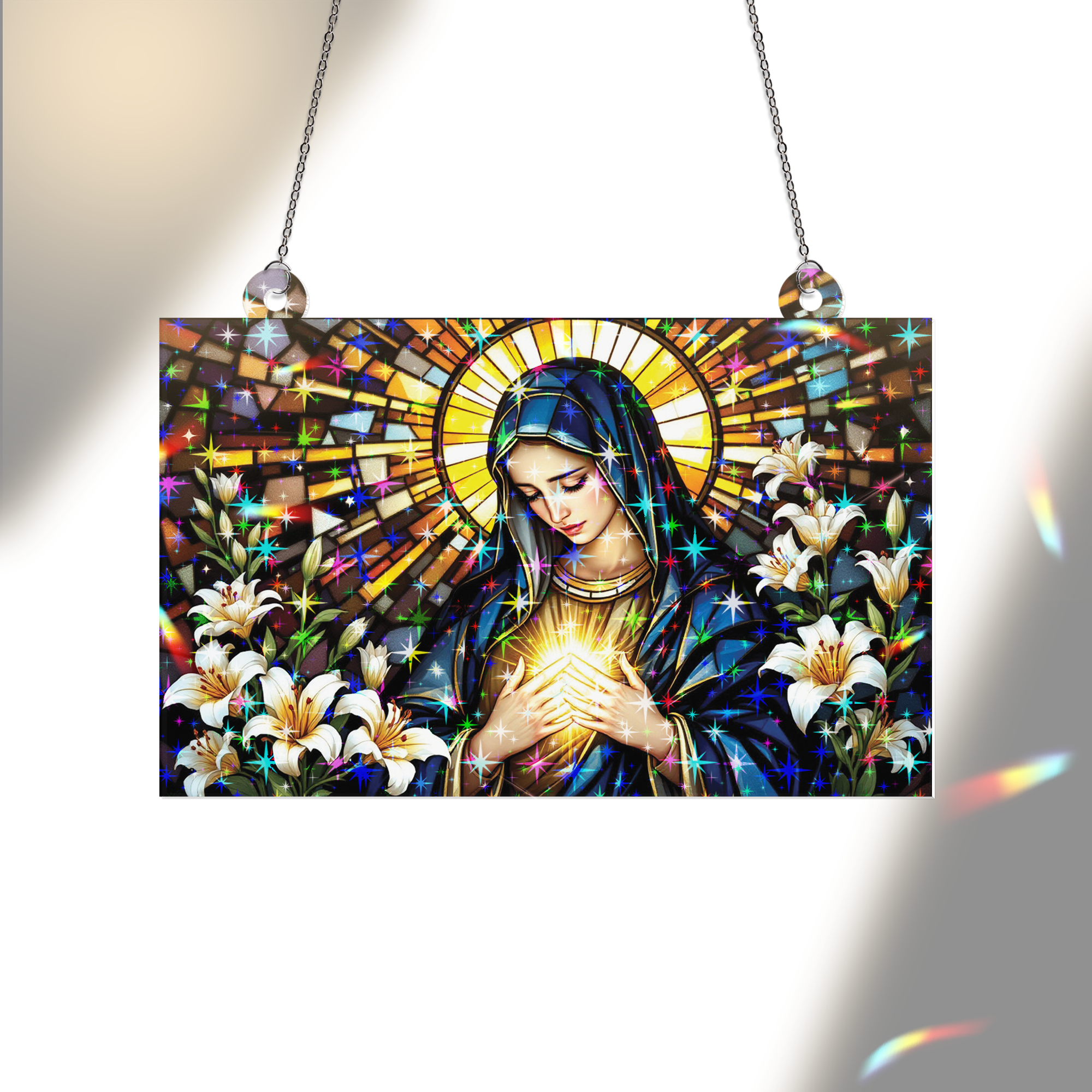 89Bloom Our Lady of Sorrows Stained Glass Hologram Ornament, Stained Glass Suncatcher Ornaments Home Decor, Holographic Ornaments