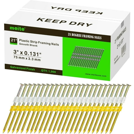 1,000 PCS MEITE Framing Nails, 21 Degree 3" X 0.131", Round Head Galvanized Nails, Smooth Shank for Framing Nail Guns
