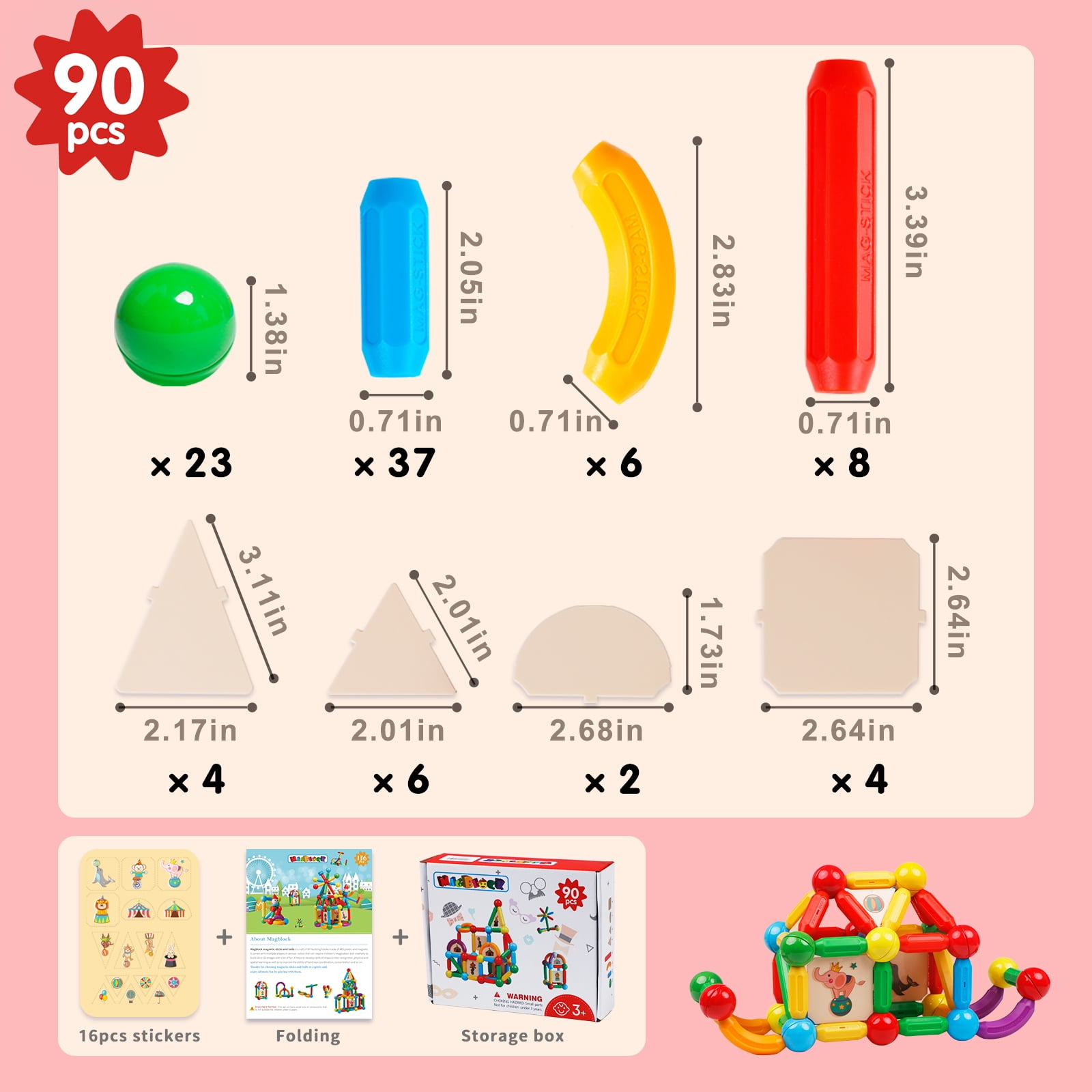 Magblock Balls and Rods Set, Colorful Building Blocks Sticks for Kids Ages 3+ Stem Construction Toys, 90Pcs