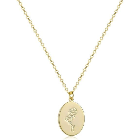 Oval Coin Pendant Necklace 12 Month Birth Flower Disc Necklace 14K Gold Plated Dainty Personalized Gift[o7426]