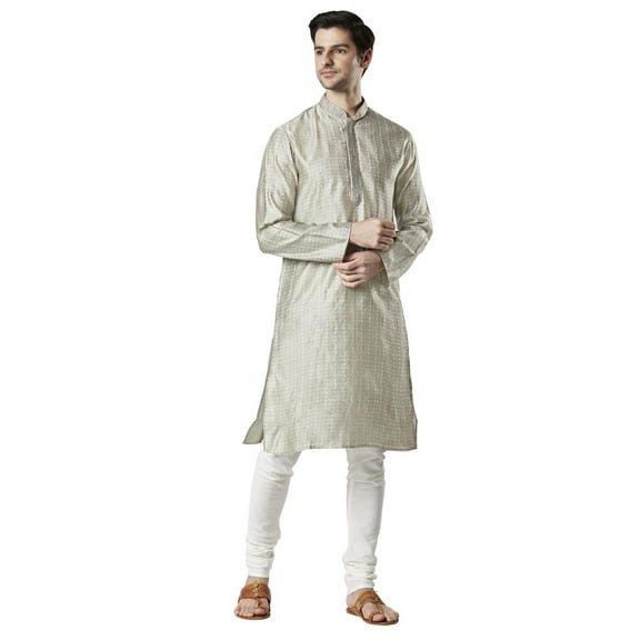 Ethnix Men's Indian Embroidered Banded Collar Festive Kurta Tunic Pajama Set; Steel Grey; SM