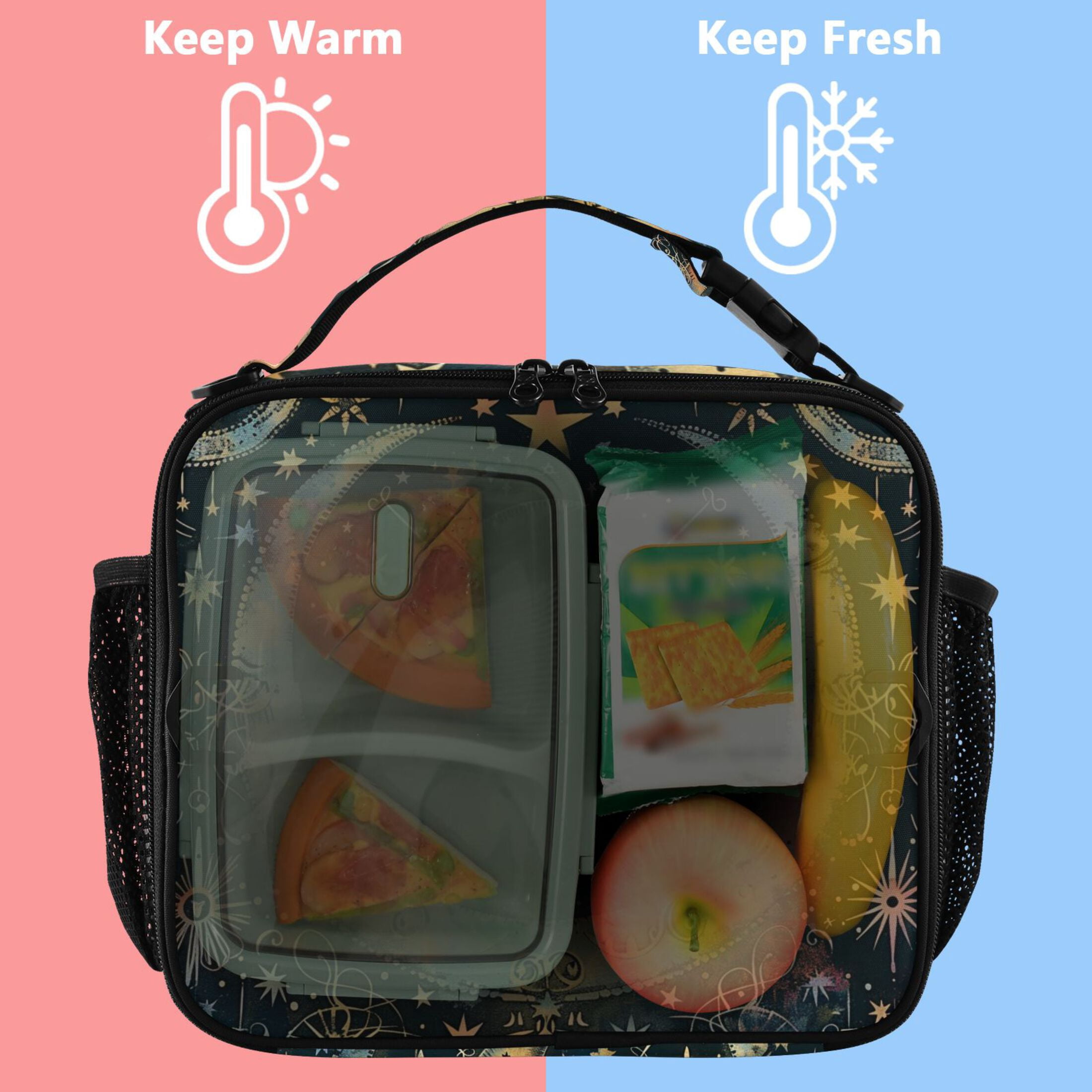 ALAZA Bohemia Ethnic Moon and Star Lunch Box Insulated Lunch Bag Cooler Tote with Shoulder Strap