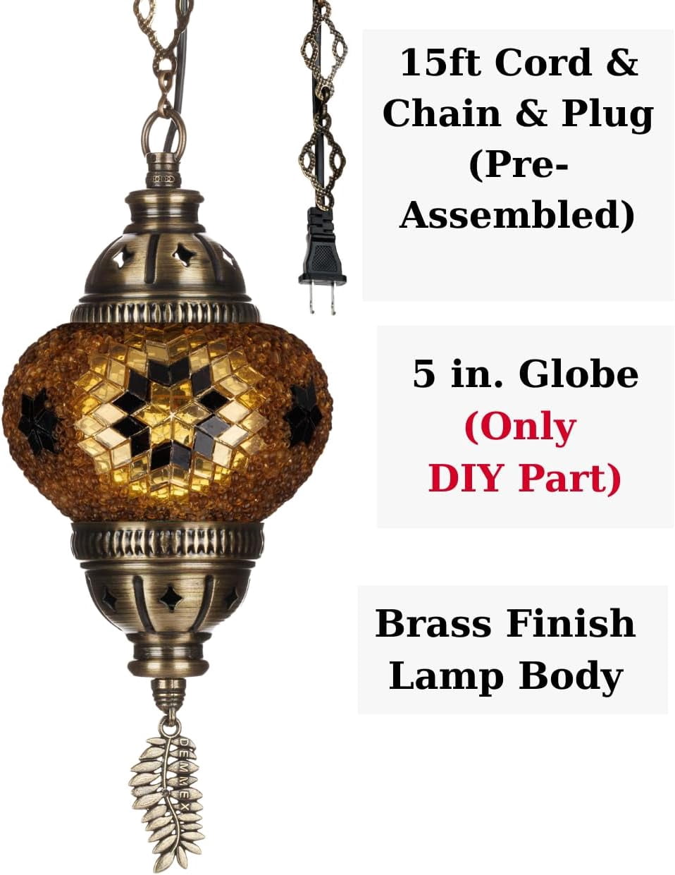 DEMMEX DIY Turkish Mosaic Plug-in Hanging Lamp Kit – NO Grout or Plaster, Beginner-Friendly – Complete Tiffany Mosaic Glass Light-Making Craft Project Kit for Adults and Teens (Brown)
