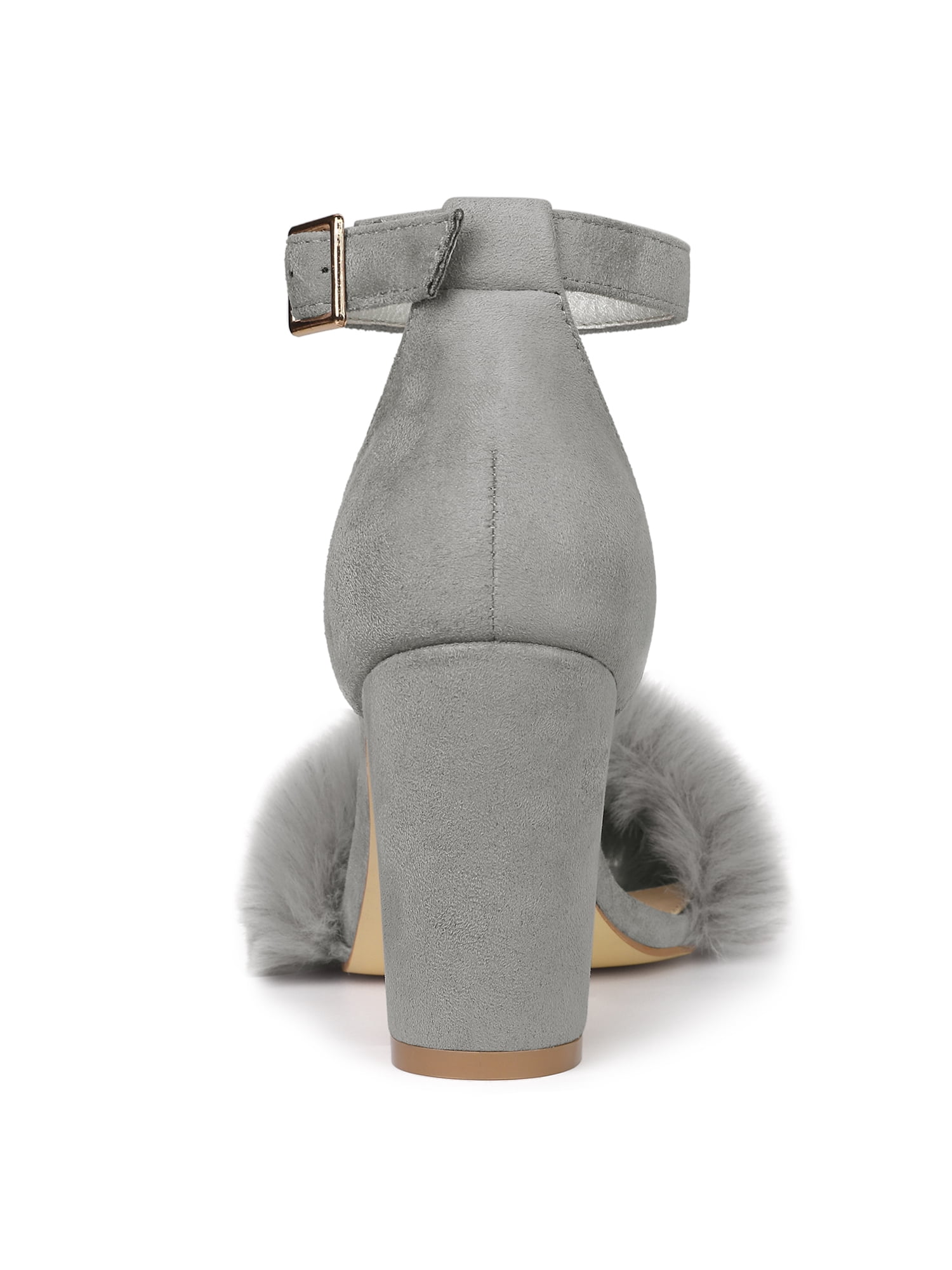 DARING DIVA Women's Ankle Strap Faux Fur Block Heels Beige Sandals for Wear Gray 9