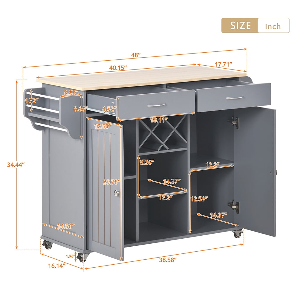 Kadyn Kitchen Island Cart, Kitchen Cart with Two Storage Cabinets and Four Locking Wheels, Kitchen Cart Cabinet with Wine Rack and Two Drawers, Gray Blue Kadyn Kitchen Island Cart, Kitchen Cart with Two Storage Cabinets and Four Locking Wheels, Kitchen Cart Cabinet with Wine Rack and Two Drawers, Gray Blue
